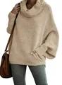 Women's oversized khaki cowl neck knit sweater featuring stylish lantern sleeves. - Apricot Yellow