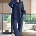 Elegant navy blue half-zip knitted sweater and wide-leg pants two-piece set for women - Dark Blue