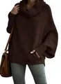 Women's dark brown turtleneck knit sweater with lantern sleeves and loose casual fit - Dark Brown