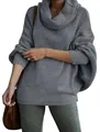 Cozy oversized grey cowl neck knit sweater for women featuring stylish lantern sleeves - Dark Gray