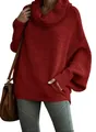 Elegant solid red high-neck knit sweater featuring loose lantern sleeves and a relaxed fit - Red