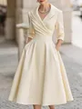 Elegant off-white V-neck midi dress with lapel collar and pleated waist detail. - S / Dresses / White