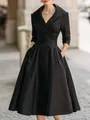 Elegant black midi dress with shawl collar, cinched waist, and functional side pockets - S / Dresses / Black