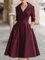 Elegant burgundy wine red formal midi dress with V-neck wrap bodice and pleated skirt - Burgundy
