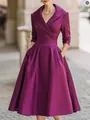 Elegant purple satin wrap midi dress with V-neckline and pleated flared skirt detail. - S / Dresses / Purple
