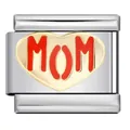 Macro detail view of an Italian charm link featuring red MOM text on a golden heart - Gold Mom Heart Style (ICJ342-1)