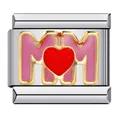 Stainless steel Italian charm link with pink MOM lettering and red heart design - MOM Heart Style (ICJ141)