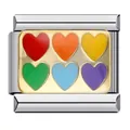 Charme italien en acier inoxydable avec six cœurs en émail arc-en-ciel pour bracelet - Motif Arc-en-ciel Six Cœurs (ICJ495)