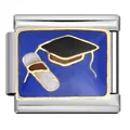 Maglia charm modulare italiana tema laurea in acciaio inossidabile e smalto blu - Tocco e Diploma (ICJ519-1) / 9mm