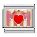 Italian charm bracelet link featuring MOM design with a red heart in stainless steel - Pink Heart Mom Style (ICJ141)
