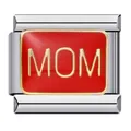 Dettaglio di un charm italiano in acciaio inox con smalto rosso e scritta MOM dorata. - Mom (ICJ760)