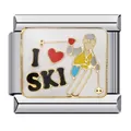 Roestvrijstalen Italiaanse bedelschakel met I Love Ski emaille ontwerp voor armbanden - Ski Patroon (ICJ525)