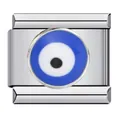 Dettaglio del charm modulare italiano Evil Eye in acciaio inox con smalto blu - Stile Malocchio (ICJ688)