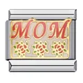 Macro view of a stainless steel Italian charm link with MOM text and gold-plated floral patterns - Mom Flower Style (ICJ476)