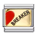 Vista macro di un charm italiano in acciaio inox con cuore rosso e scritta BREAKER in rilievo - Pattern Lettere Breaker (ICJ418)