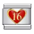 Dettaglio charm italiano in acciaio inox con cuore rosso e numero 16 in finitura oro - Pattern Cuore Numero 16 (ICJ419)