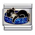 Süßer schwarzer Katzen-Charm für italienische Armbänder aus Edelstahl mit Emaille-Finish - Schwarze Cartoon-Katze Blaues Glitzerset (ICJ637)