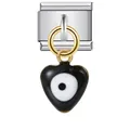 Macro detail of evil eye heart charm for Italian modular bracelet in stainless steel. - Black Evil Eye Heart Style (ICG184)