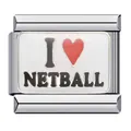 Italiaanse bedelschakel van roestvrij staal met rood I heart netball emaille ontwerp - Netbal Tekst (ICJ433)