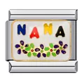 Dettaglio di un charm italiano in acciaio con lettere NANA colorate e piccoli fiori - Nana (ICJ217)