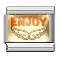 Maillon de charme italien en acier inoxydable avec texte ENJOY et ailes dorées - Motif Lettres Ailes Enjoy (ICJ451)