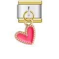 Stainless steel Italian charm link featuring a pink enamel heart pendant with gold trim - Bright Pink Beaded Heart Style (ICG259)
