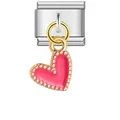 Stainless steel Italian Charm bracelet link featuring a vibrant pink heart dangle pendant - Bright Pink Beaded Heart Style (ICG259)