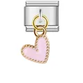 Italian Charm stainless steel link with dangling pink enamel heart and gold beaded edge - Pink Enamel Beaded Heart Style (ICG258)