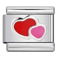 Maglia modulare a doppio cuore in smalto rosso e rosa per bracciali stile italiano - Doppio Cuore Rosso e Rosa (ICY397)