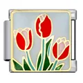 Italian modular charm link in stainless steel with colorful enamel tulip flowers design - Tulip Floral Style (ICJ355-1)