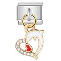 Gold-toned heart charm with white dolphin and red heart for Italian link bracelet - Dolphin Red Heart Rhinestone Style (ICG231)