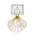 Maillon de charme italien en inox avec coquillage en émail blanc et perle - Style Perle Coquillage Blanche en Éventail (ICG005)