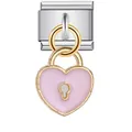 Italian charm link with a pink enamel heart padlock dangle in gold and silver finish - Pink Enamel Heart Lock Style (ICG186)