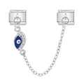 Stainless steel Italian modular charm with blue evil eye dangle and chain link detail - Enamel Evil Eye Safety Chain (ICG580-21) / Silver