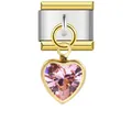 Stainless steel Italian charm modular link featuring a dangling pink crystal heart charm - Pink Crystal Heart Style (ICG150)