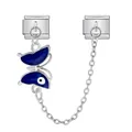 Stainless steel blue butterfly evil eye charm with connecting chain for Italian modular bracelets - Butterfly Evil Eye Safety Chain (ICG580-3)