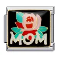 Dettaglio di charm italiano in acciaio inossidabile con rosa e scrittta MOM - Rosa e Testo MOM (ICJ220)