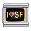 Dettaglio ravvicinato di un charm italiano in acciaio con la scritta dorata I Love SF - Testo I LOVE SF (ICJ292)