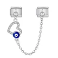 Stainless steel blue Evil Eye heart charm link with chain for modular Italian bracelets - Heart Evil Eye Safety Chain (ICG580-5)