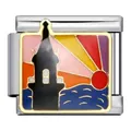 Durable stainless steel Italian modular charm link featuring a colorful lighthouse enamel design - Lighthouse Sunset Pattern (ICJ408-1)