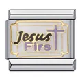 Charm italiano in acciaio inossidabile con scritta Jesus First e croce viola - Stile Religioso Gesù Primo (ICJ424)