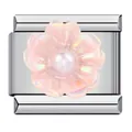 Elegante roze hars bloembedel voor doe-het-zelf roestvrijstalen modulaire armband - Roze Iritserende Bloem Met Kunstparel Stijl (ICJ186-1)