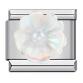 Italiaanse bedelarmband link met witte iriserende bloem in roestvrij staal voor DIY - Witte Iritserende Vijfbladsbloem Met Kunstparel Stijl (ICJ188-1)