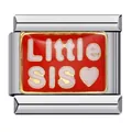 Italian charm link in stainless steel with red enamel Little SIS and heart symbol - Little Sis Red Heart Style (ICJ469)