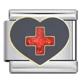 Charm italiano in acciaio inossidabile con cuore nero e croce rossa glitterata - Stile Cuore Nero Croce Rossa (ICJ776-1)