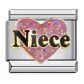 Stainless steel Italian charm variant with glittery pink heart and Niece lettering - Niece Glitter Style (ICJ796)