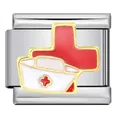 Maglia charm italiana per bracciale con cappello da infermiera e croce rossa smaltata - Stile Medico Cappello da Infermiera (ICJ669-1)