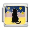 Italienisches Modular-Armband-Element aus Edelstahl mit schwarzer Katze und Sternen - Traumhafter Sternenhimmel Schwarze Katze Rückansicht (ICJ864-1)
