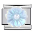 Italiaanse modulaire bedel van roestvrij staal met een iriserende witte bloem decoratie - Witte Iritserende Vijfbladsbloem Met Kunstparel Stijl (ICJ997-1)