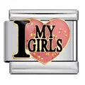 Pink glitter heart Italian charm bracelet module with I MY GIRLS text in stainless steel - I Love My Girls Glitter Style (ICJ794-1)